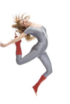 lady doing gymnast split on an isolated background