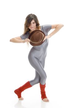 woman posing with hat against white background