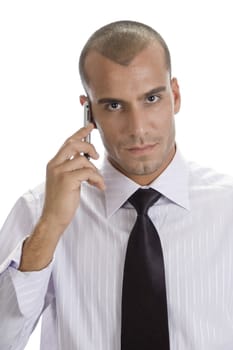 man with mobile looking to camera on an isolated white background