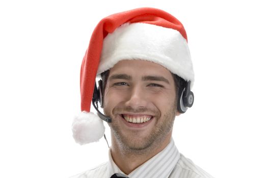 happy businessman posing with headset isolated on white background