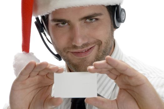 santa man showing his visiting card with white background