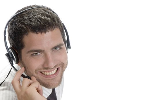 caucasian man wearing headset with white background