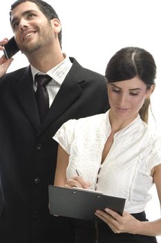 man busy with phone call and female making notes against white background