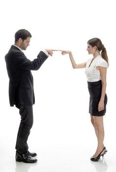 attractive couple joining fingers on an isolated white background