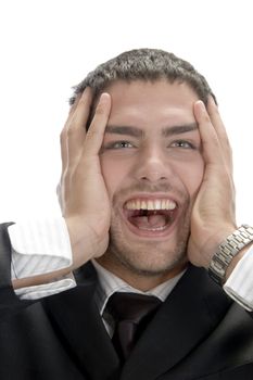 happy businessman posing against white background