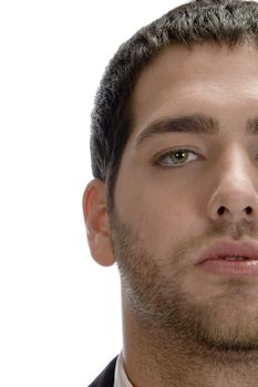 close up view of half face against white background