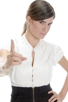 lady giving warning with white background