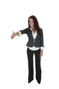 standing lady offering hand shake on an isolated white background