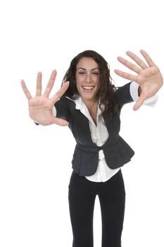 lady showing palms against white background