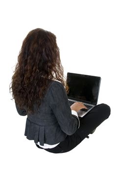 female busy with laptop on isolated studio  picture