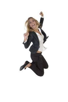 excited young businesswoman on an isolated background