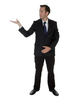 businessman showing open palm against white background