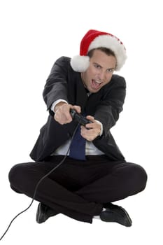 happy businessman playing video game on white background
