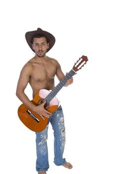 young musicain holding guitar with white background