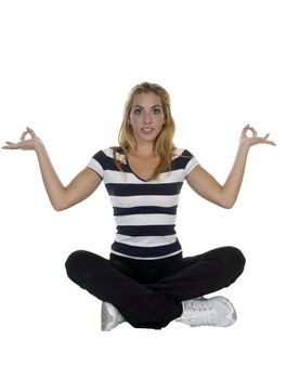 lady performing yoga sitting in lotus pose isolated with white background