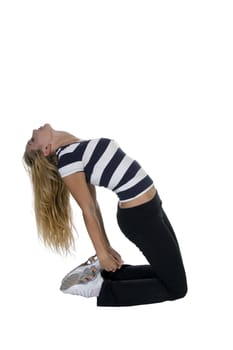 woman bending stretching her back isolated with white background