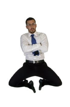 businessman leaps in air on an isolated background