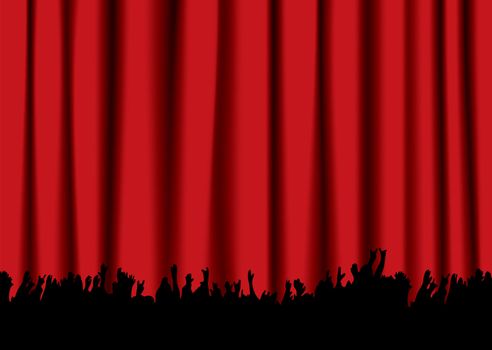 Red velvet concert stage curtain and silhouette of crowd hands