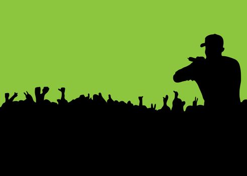 rock or rap concert with people in silhouette waving hands and fists