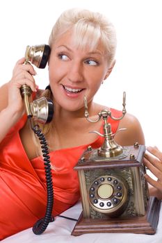 Beautiful blond woman using vintage phone. #3