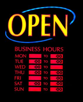 Open business neon sign with weekly opening hours