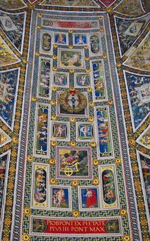 Colorful frescos on the Piccolomini Library in the Siena, Italy Cathedral.
