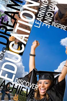 An education montage or layout with photos and text of students and graduates.  Plenty of copyspace for your text or logo.