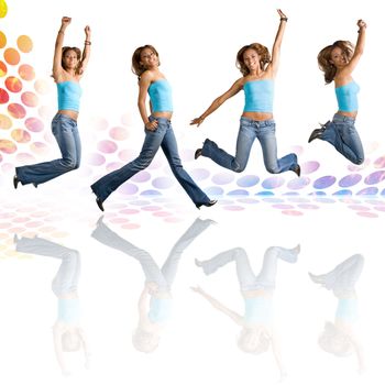 A young Hispanic woman in her early twenties jumping in the air in four different poses over an audio waveform backdrop with reflections.