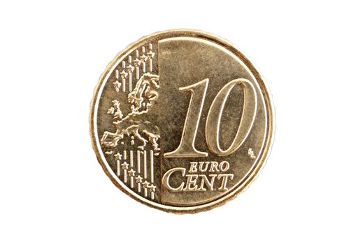 Top view  of a 10 cent Euro coin isolated on white