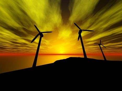 3D rendering of three wind turbines at sunset