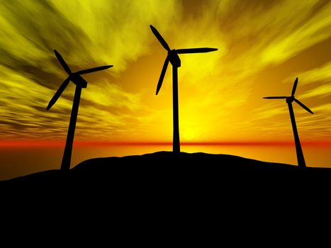 3D rendering of three wind turbines at sunset