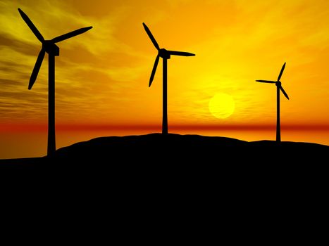 3D rendering of three wind turbines at sunset