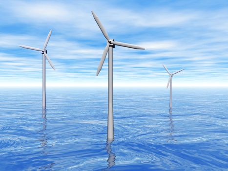 3D rendering of three wind turbines reflecting in the ocean