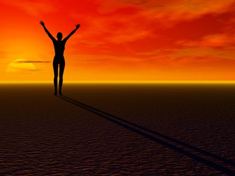 3D rendering of a naked woman celebrating sunrise in a desolated landscape