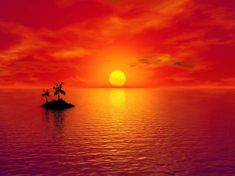 3D rendering of a small island with coconut trees at sunset