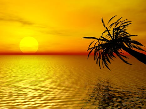 3D rendering of a beautiful sunset with a palm tree reflecting in the ocean