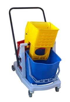 Three Plastic Buckets on a Cleaners Trolley isolated with clipping path