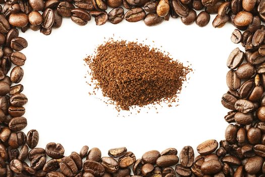 some coffee grain surrounded by coffee beans on white background