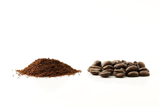 some coffee beans and coffee grain on white background