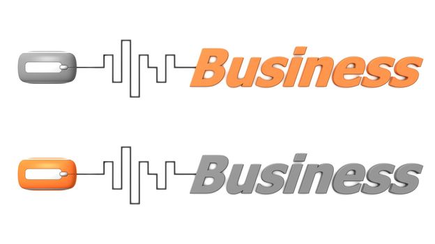 modern computer mouse connected to the word Business via digital waveform cable - mouse and word both in grey and orange