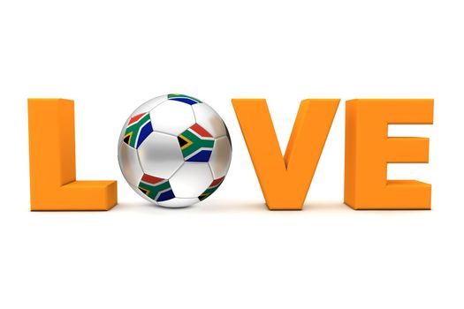 orange word Love with a football/soccer ball replacing letter O - south african flag on the ball