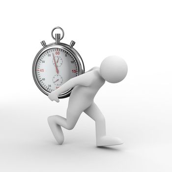 Stopwatch and man on white background. Isolated 3D image