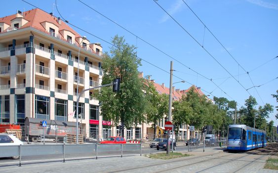 Rondo Verona apartments, street Powstancow Slaskich. Wroclaw. Poland. Tram, Scodillac. Communication in the Municipal in Wroclaw.