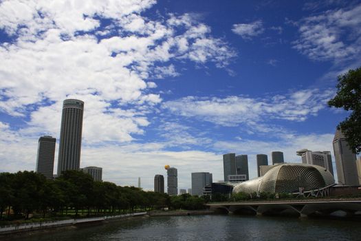 Another View of Esplanade Singapore with skyline, front view is the Singapore River.