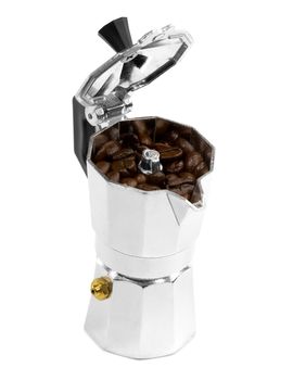 coffee beans and mocha machine on white background