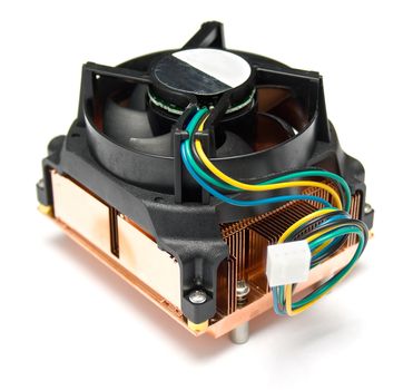 Computer cooler on the processor. Isolation on a white background. Shallow DOF
