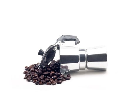 coffee beans and mocha coffee machine on white background
