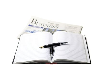 newspaper, pen and notebook on white background