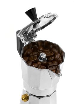 coffee beans and mocha machine on white background