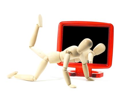 wood mannequin exercising in front of a mirror isolated on white background